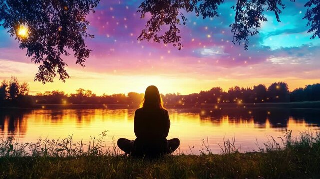 Meditative reflection by a lake during yom kippur at sunset