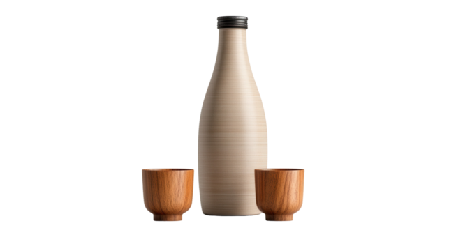 Elegant japanese sake set with ceramic bottle and wooden cups for spring gatherings and culinary art - transparent background png