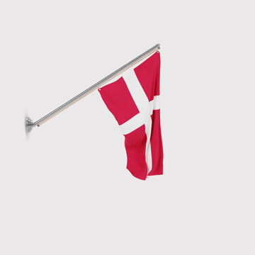 Denmark Flag Waving Hanging Down 3d Flagpole and hanging on in the corner Wall 