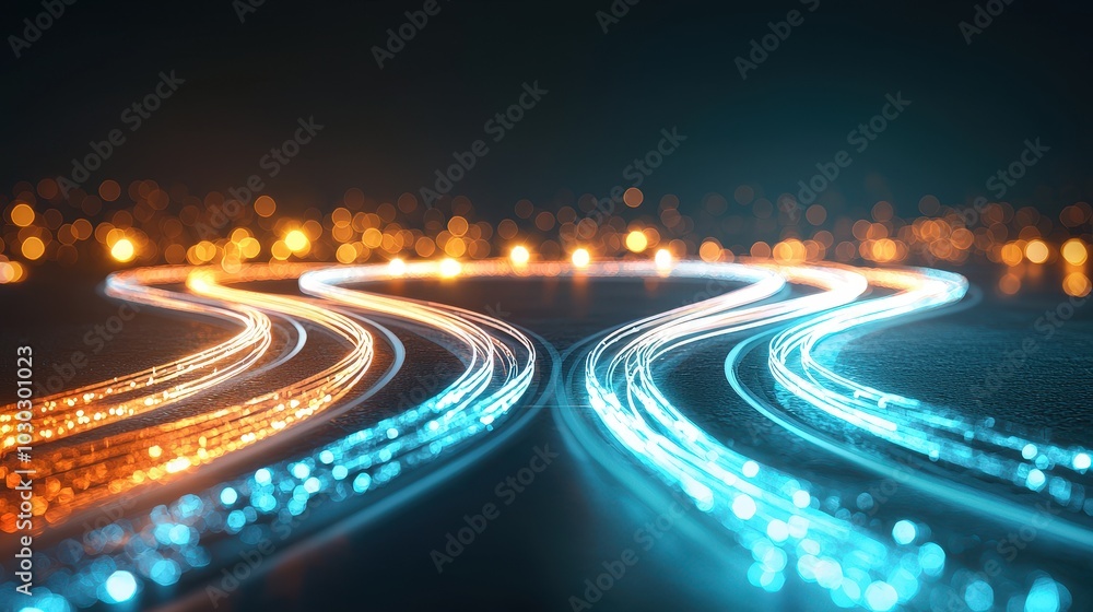 Poster intersecting paths of light symbolizing the collision of market trends