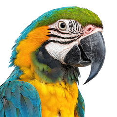 Fototapeta premium Vibrant blue and yellow macaw parrot with detailed feather pattern against white background