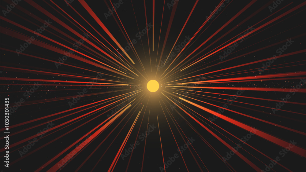 Poster vintage cosmic background with distant glowing pulsar emits beams of red and orange light. a journey