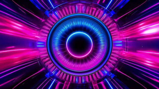 Abstract neon light lines and circle in futuristic tunnel.
