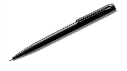 A sleek black ballpoint pen with its cap on, isolated on a white background. Ideal for office, school, writing, or stationery themes.