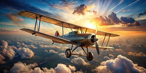 Vintage biplane flying in the sky on a wide-angle shot