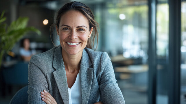 Confident smiling middle aged business woman attorney, 45 or 50 years old lady entrepreneur, mature female professional executive manager leader sitting in office looking at camera. Portrait