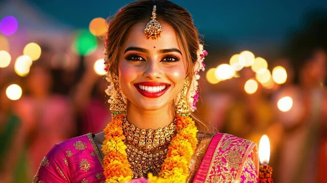 Vibrant vijayadashami celebration with traditional attire and festive lights