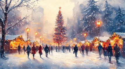 Winter Christmas Market Illustration | Holiday Shopping Scene