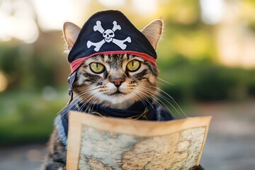  A cat with a pirate bandana and a map, exploring a backyard or garden like a treasure hunter - Meow like a pirate day