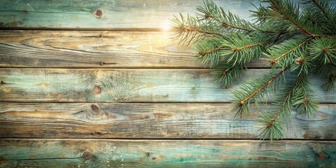 Fototapeta premium A Rustic Wooden Plank Background with a Delicate Evergreen Branch Adorned with a Sunlit Glow