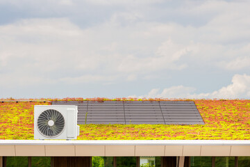 Sedum roof with solar panels and external heat exchanger of an air-source heat pump