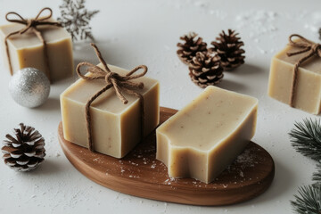 Pieces of natural coniferous soap handmade, surrounded by Christmas decorations. AI generated