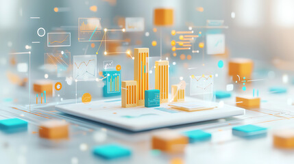 Data scientists workspace with statistical report, 3D bar charts, and analytical tools, 3D illustration