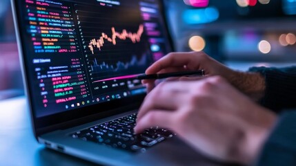 A banker using a financial dashboard on their computer to demonstrate real-time market trends to a client, providing expert investment advice in a modern office.
