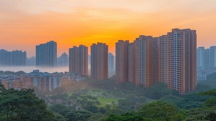 Urban skyline at sunrise with mist and greenery in the foreground.
