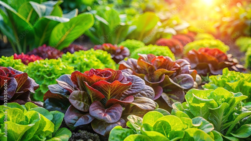 Sticker A Lush Garden of Vibrant Greens and Reds in the Gentle Glow of the Setting Sun