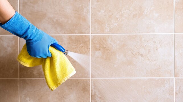 A cleaner wiping down the bathroom tiles and scrubbing the shower area, using specialized cleaning products to remove soap scum and leave the space spotless.