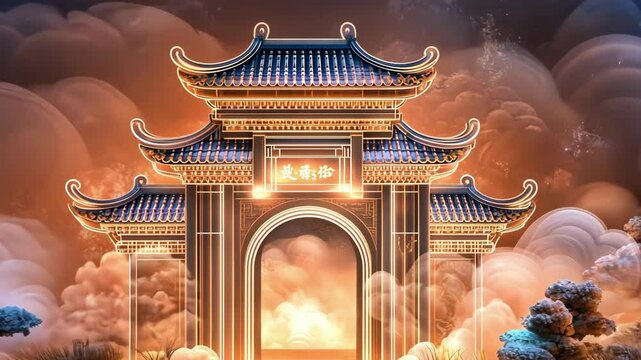 Illuminated chinese gate with dramatic clouds celebrating national day
