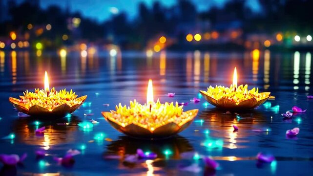 Illuminated lotus flowers on water during karva chauth festival evening scene
