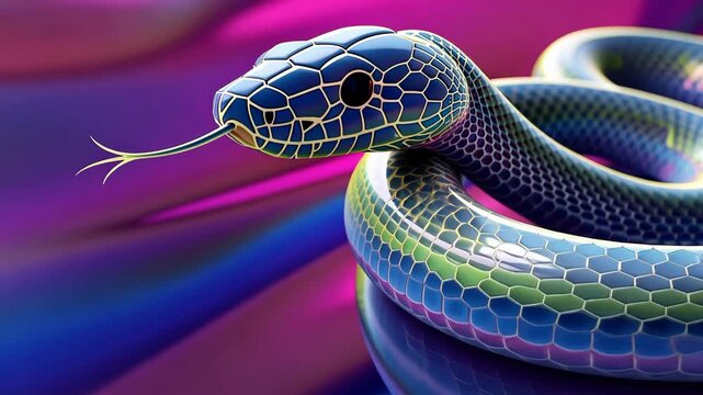 A snake with a blue body and a pink background