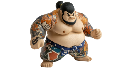 Japanese sumo wrestler figurine with tattoo art design for collectibles and decor - transparent background png