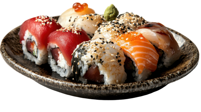Japanese sushi platter with nigiri and maki rolls for culinary design - transparent background png