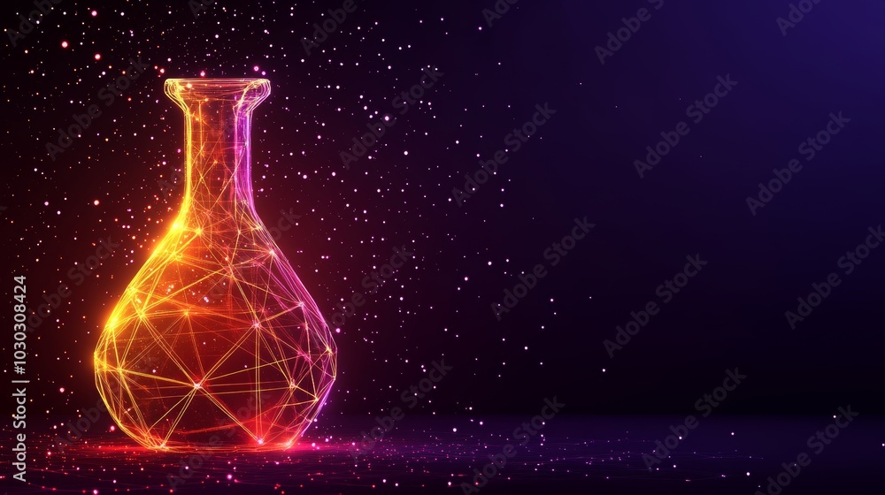 Poster abstract low poly style glowing flask with connected lines and dots on a dark background