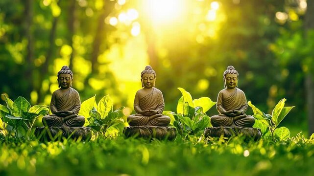 Peaceful meditation with buddha statues in serene garden setting at sunrise