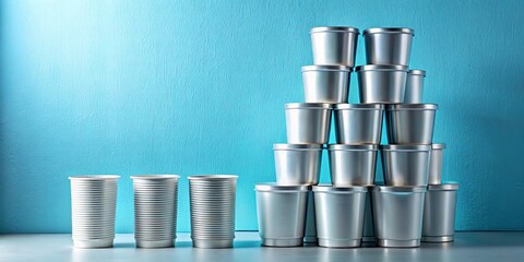 A pyramid of silver containers with three empty containers in the foreground on a blue background.