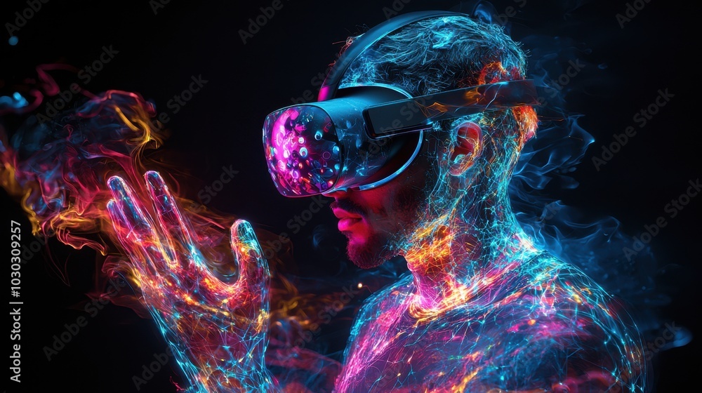 Poster man interacting with digital interface through virtual reality headset in futuristic environment