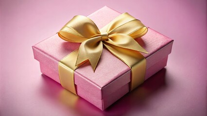 Fototapeta premium A Pink Gift Box With A Delicate Golden Bow, Wrapped With Care And Ready To Surprise