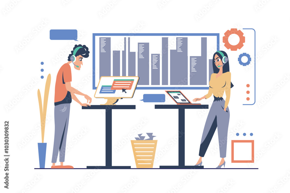Leinwandbilder customer service concept in modern flat cartoon design for web. man and woman in headsets working in