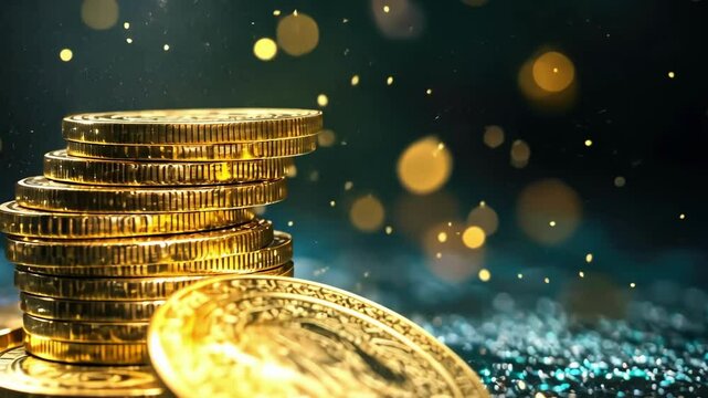 Golden coins stacked in glittering light for dhanteras celebration and wealth symbolism