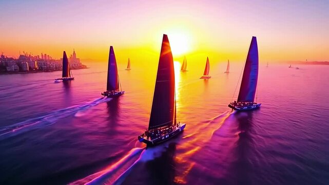 Sailing regatta at sunset: america's cup yachts in vibrant ocean race