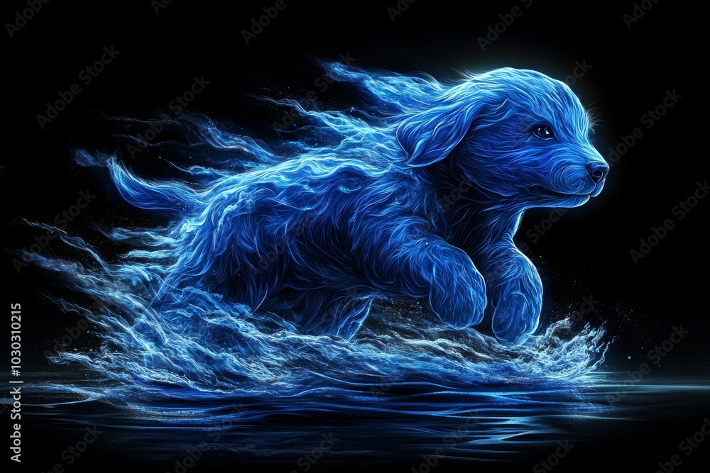 Poster digital illustration of a blue energy like puppy running in a dynamic abstract scene blending moveme