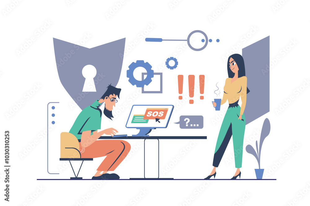 Poster cyber security concept in modern flat cartoon design for web. man and woman working in team, protect