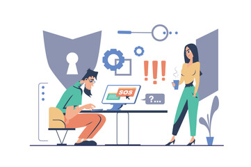 Cyber security concept in modern flat cartoon design for web. Man and woman working in team, protecting clients personal information and shield privacy network with online secure. Vector illustration.