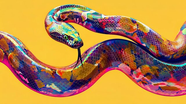 A colorful snake is curled up on a yellow background