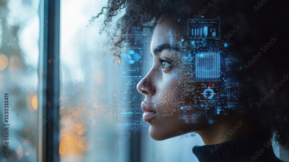 Poster woman interacting with digital screen displaying data and graphs in a modern workspace, showcasing t