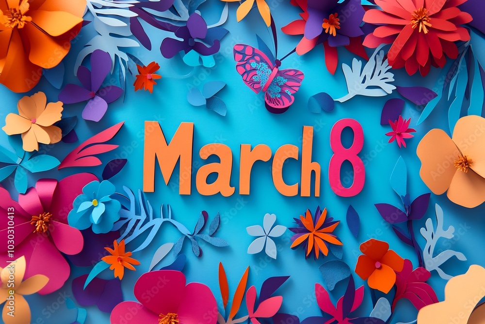 Poster 3d paper cut march 8 a playful and artistic background of mixed patterns and vibrant colors designed