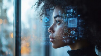 Woman interacting with digital screen displaying data and graphs in a modern workspace, showcasing technology and innovation