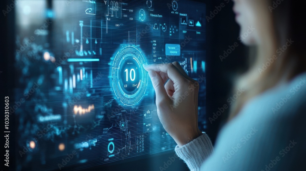Poster waist-up portrait of a person interacting with a futuristic digital screen displaying data visuals