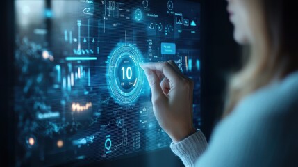 Waist-up portrait of a person interacting with a futuristic digital screen displaying data visuals