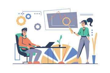 Data analysis concept in modern flat cartoon design for web. Man and woman analyzing charts on screen, monitoring statistic reports, brainstorming and make research at meeting. Vector illustration.