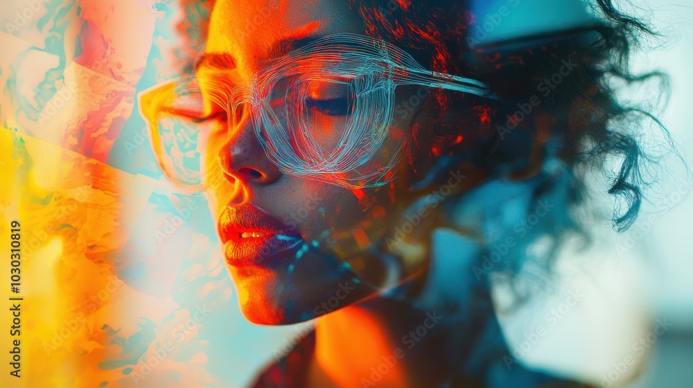 Poster profile portrait of a person with glasses and abstract technology elements blending with vibrant col