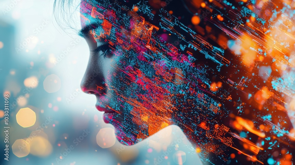 Poster futuristic portrait of a person with digital data patterns on face, symbolizing the integration of t