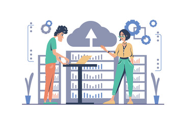 Data center concept in modern flat cartoon design for web. Man and woman working in team, provides network computing, making database maintenance and management in server room. Vector illustration.