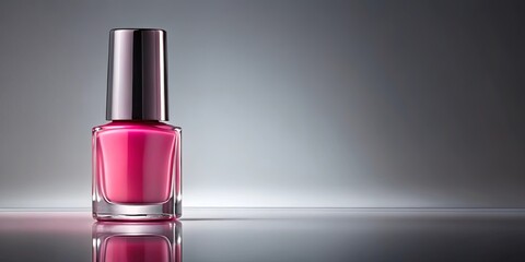 A single bottle of vibrant pink nail polish with a silver cap stands on a reflective surface against a minimalist backdrop.