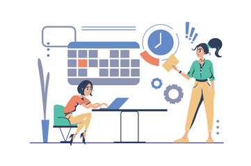 Deadline concept in modern flat cartoon design for web. Stressed woman doing paperwork at laptop in office, nervous manager alarming and hurry on, deadline rushing on workplace. Vector illustration.