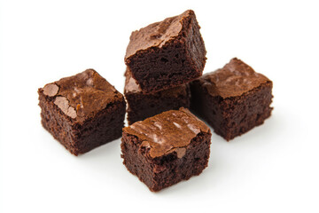 chocolate brownies cut in cubes isolated on white background as a product advertisement photo. The photo is clean, in 3:2 image ratio. The brownies looks delicious and clean.  